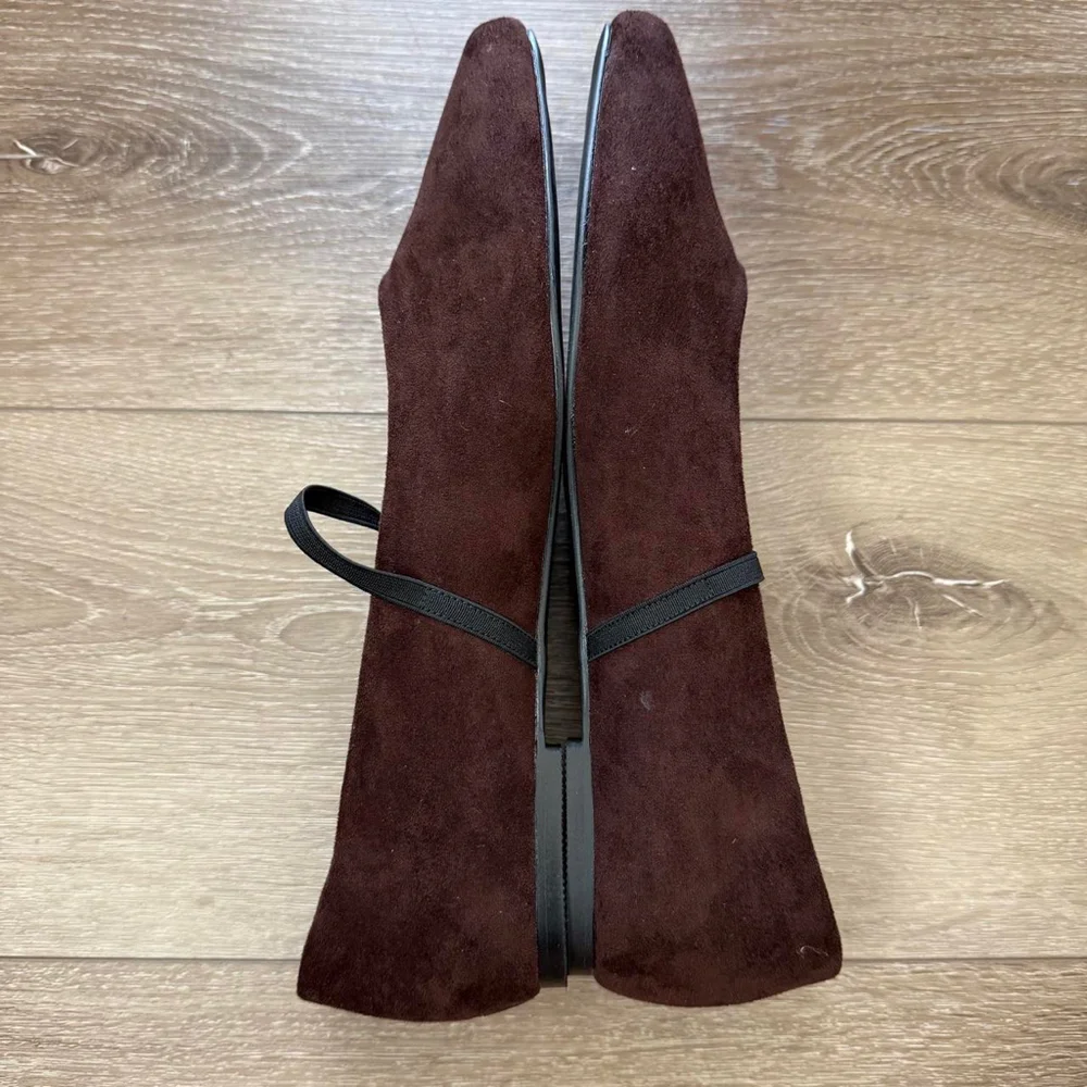 Brown Suede Square Toe Mary Jane Ballet Flats with Elastic strap Size 10